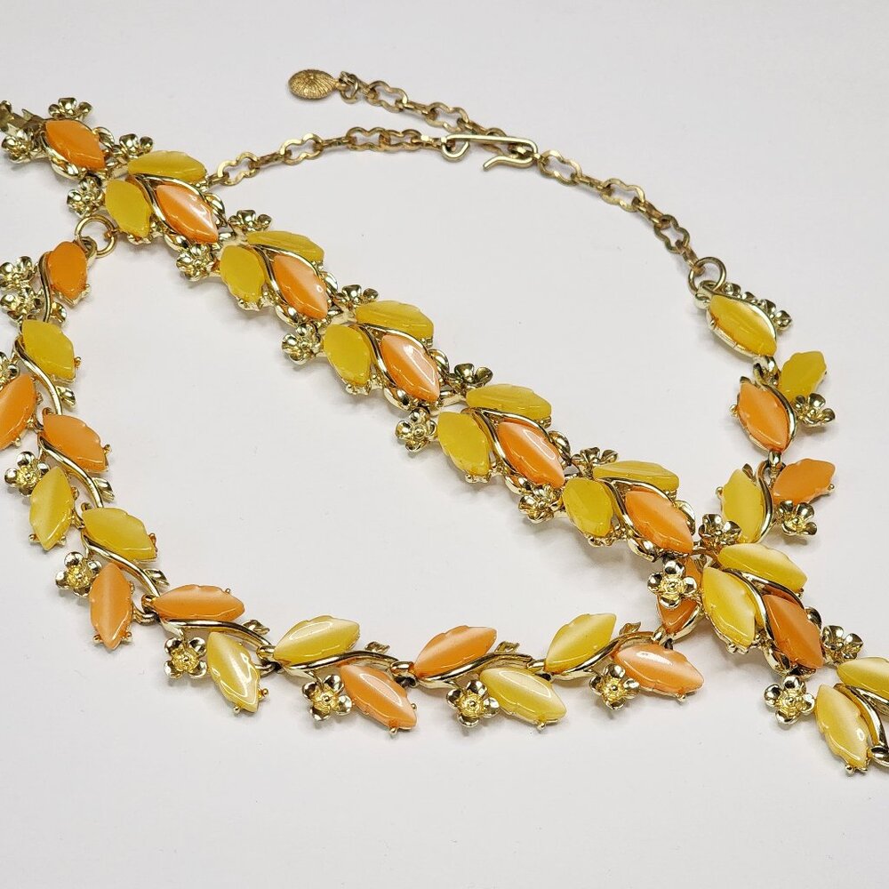 Vintage Moon Glow Lucite Necklace & Bracelet Set – Yellow and Orange – Gold Tone
